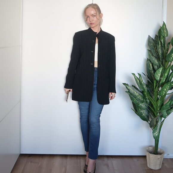 DKNY Long Pinstipe Stand Collar Career Suit Blazer - Picture 8 of 16